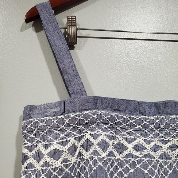 Current/Elliot Women's Chambray Smocked Embroidered Tank Top Blue White Sz 1, Sm - Picture 6 of 11